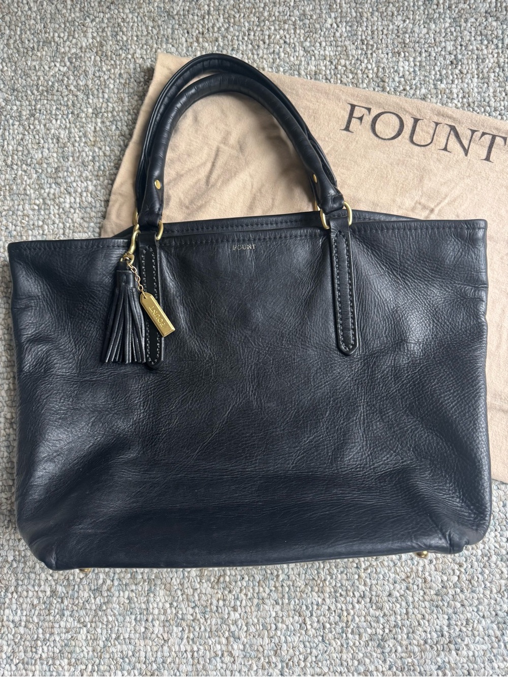 Fount Petite Atlas Black Leather Shoulder Tote with Tassel Charm